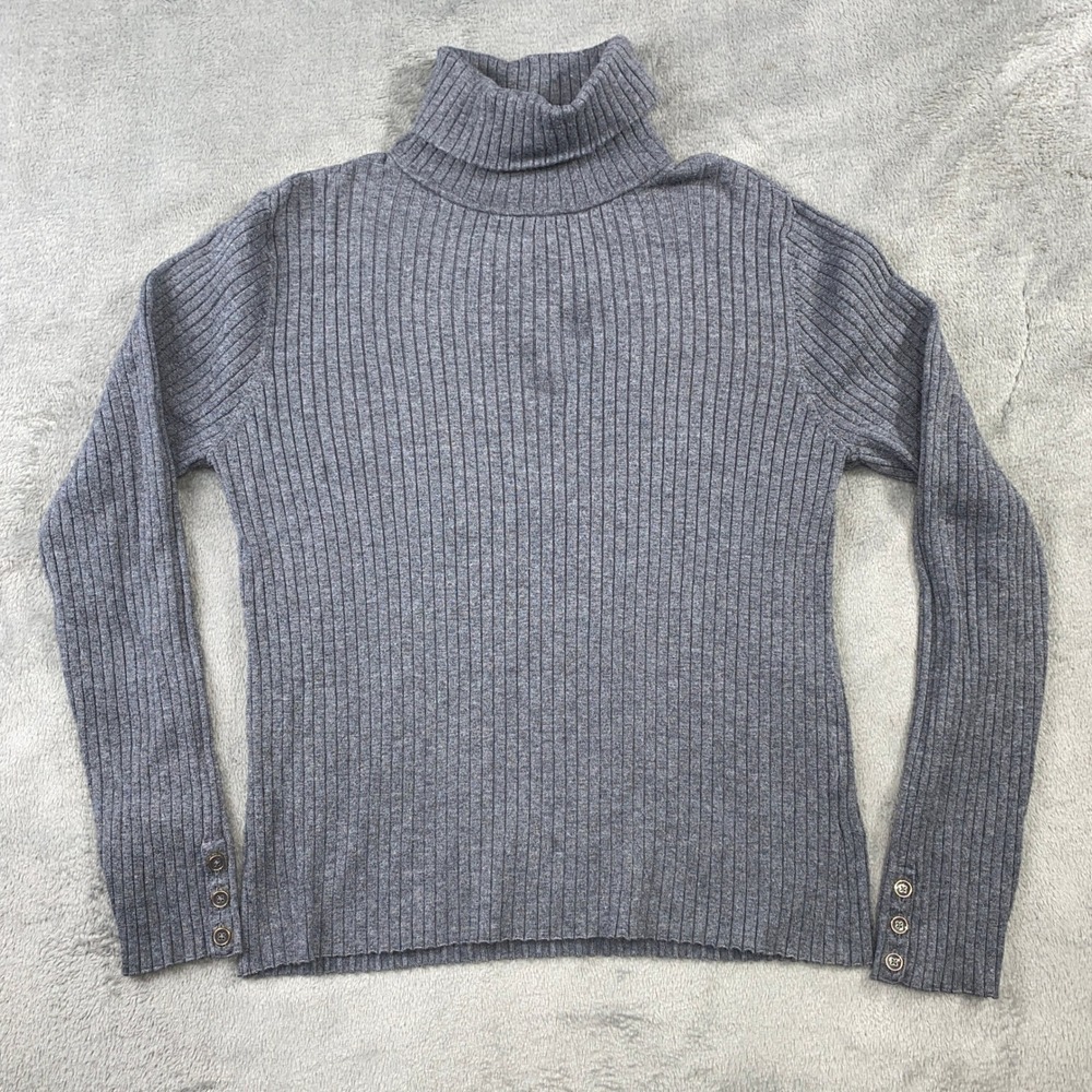 J McLaughlin Turtleneck Sweater Women's XL Gray Ribbed Button‎ Cuff Detail